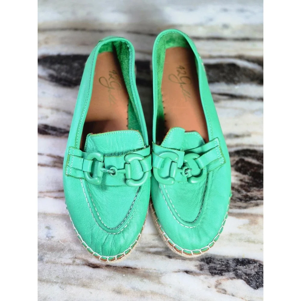 42 Gold Alberta Green Leather Espadrille Loafers Horsebit Detail 37 EU Womens